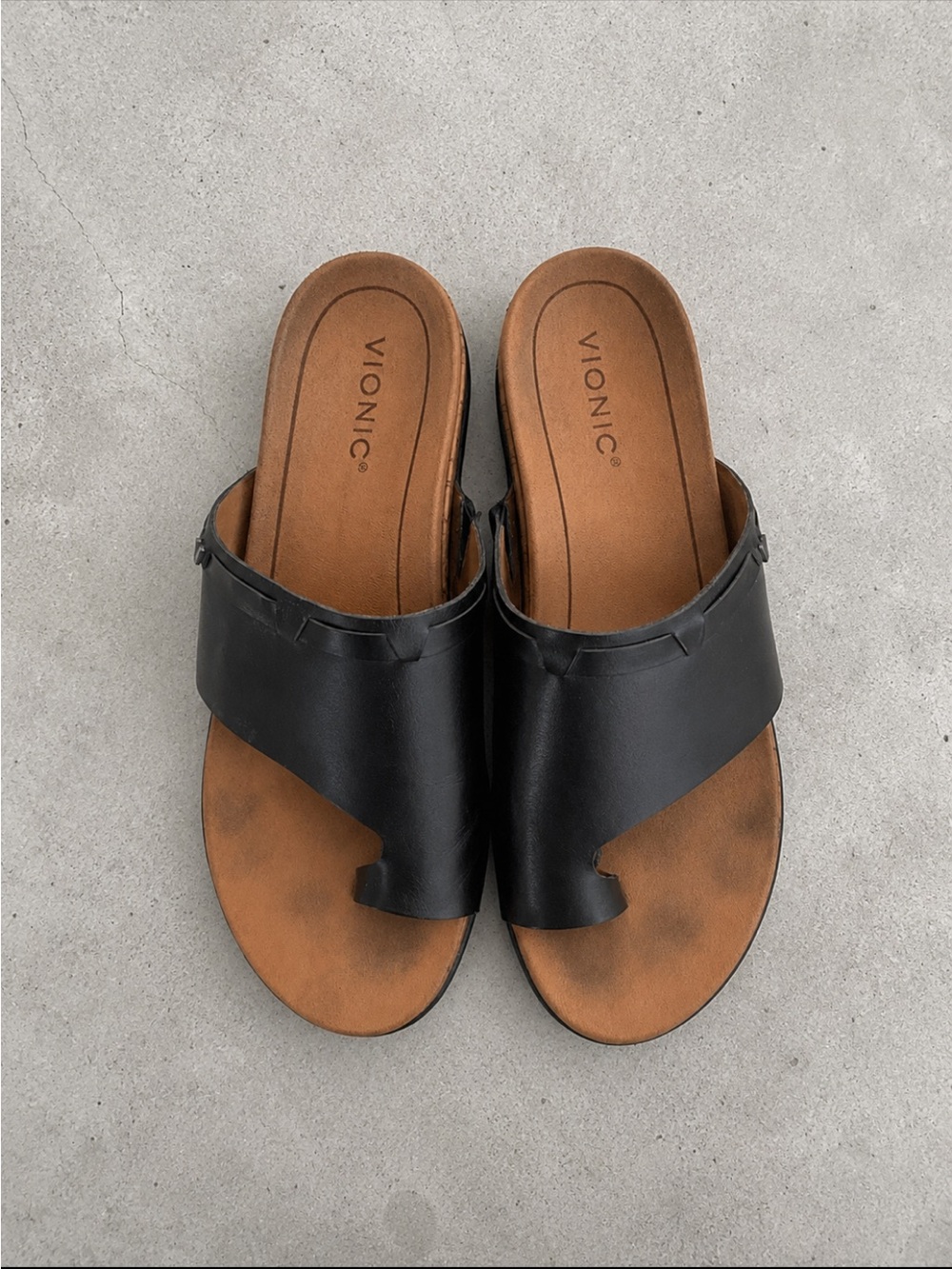 Vionic Cindy Black Leather Toe Ring Slide Sandals Orthotic Comfort US 12